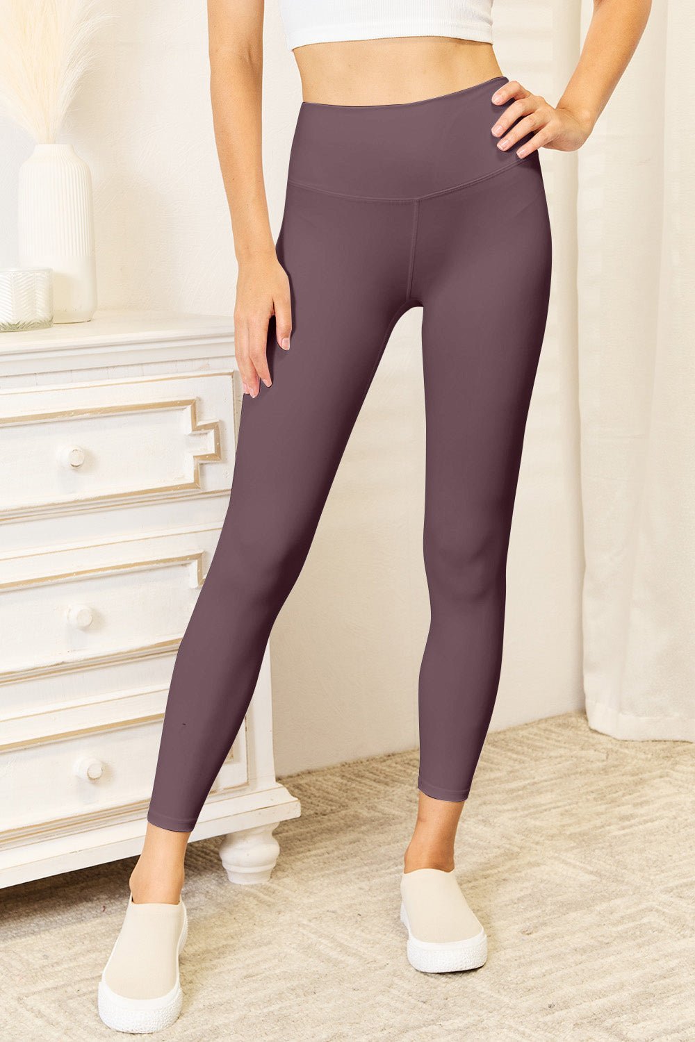 Double Take Wide Waistband Sports Leggings - Athletic Leggings - Chocolate - Bella Bourget