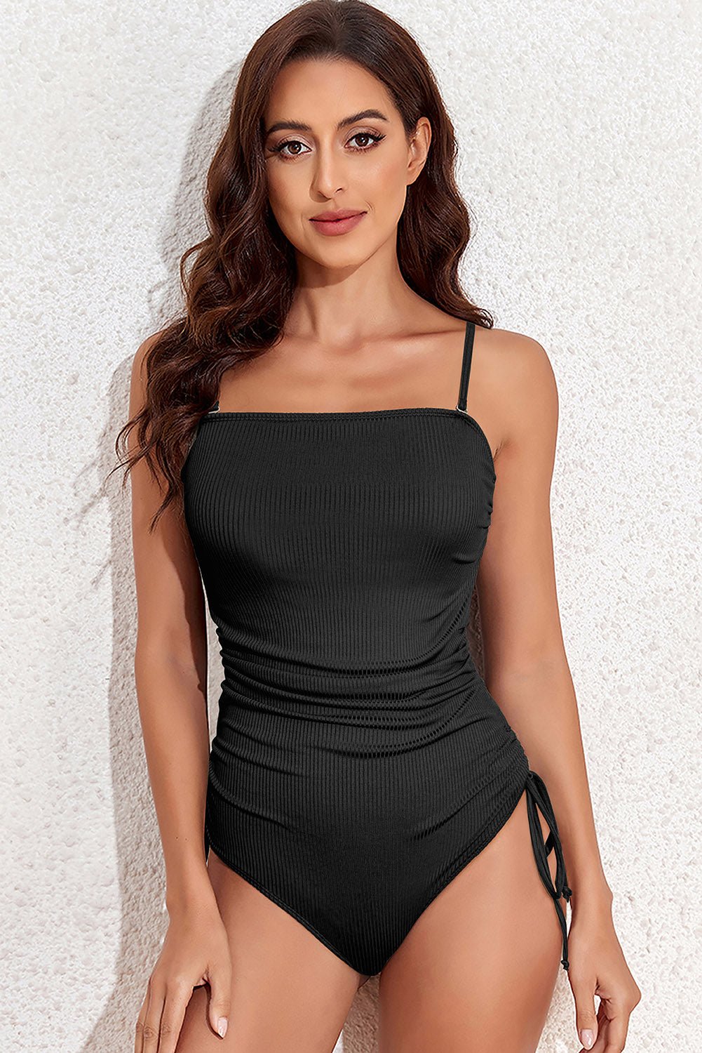 Drawstring Spaghetti Strap One - Piece Swimwear - One - Piece Swimsuit - Black - Bella Bourget