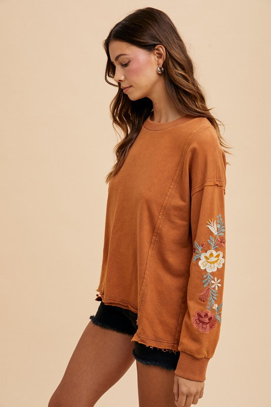 Annie Wear Embroidered Long Sleeve French Terry Top