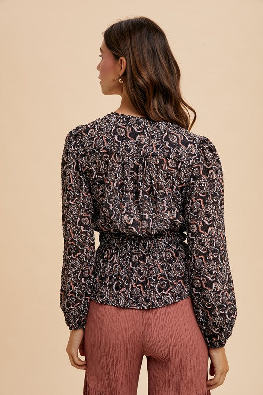 Annie Wear Abstract Print Balloon Sleeve Peplum Blouse