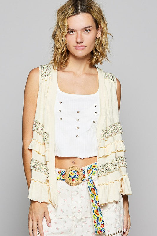 POL Ruffled Open Front Sleeveless Cardigan