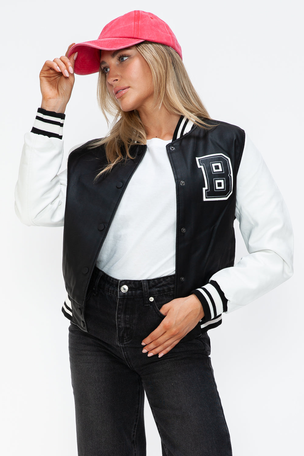 Love Me Now Faux Leather Contrast Snap Down Bomber Jacket