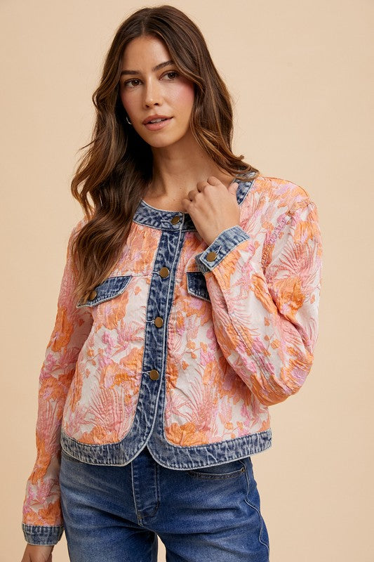 Annie Wear Floral Jacquard Denim Contrast Button Down Jacket