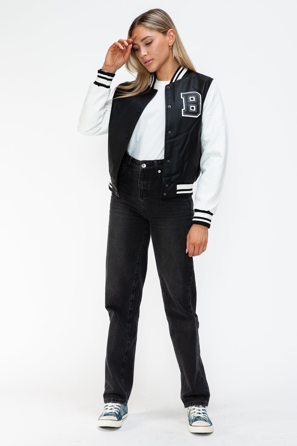 Love Me Now Faux Leather Contrast Snap Down Bomber Jacket