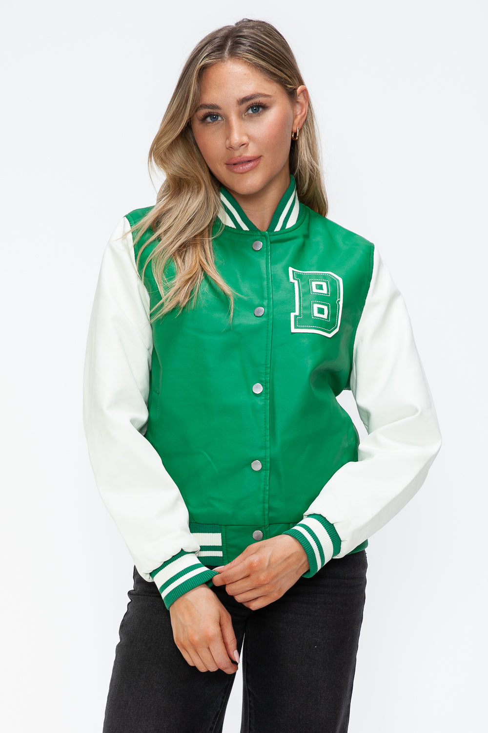 Love Me Now Faux Leather Contrast Snap Down Bomber Jacket