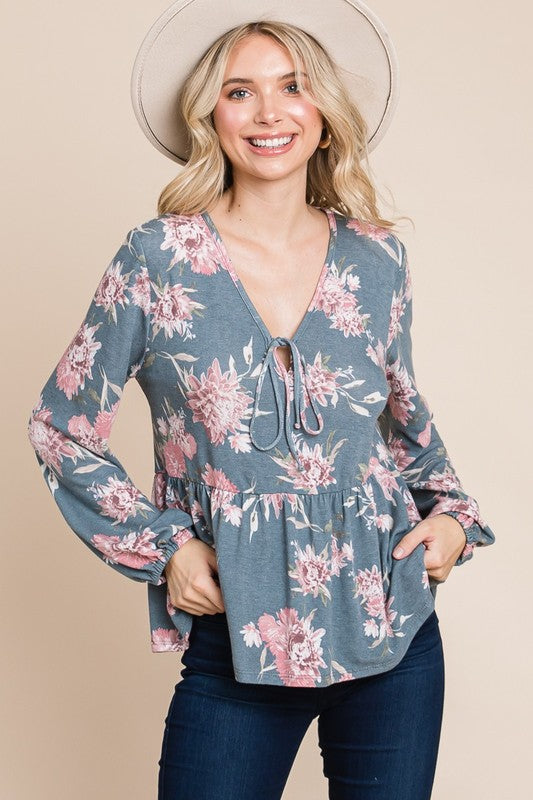 Super Lady Full Size Babydoll Floral Long Sleeve Blouse