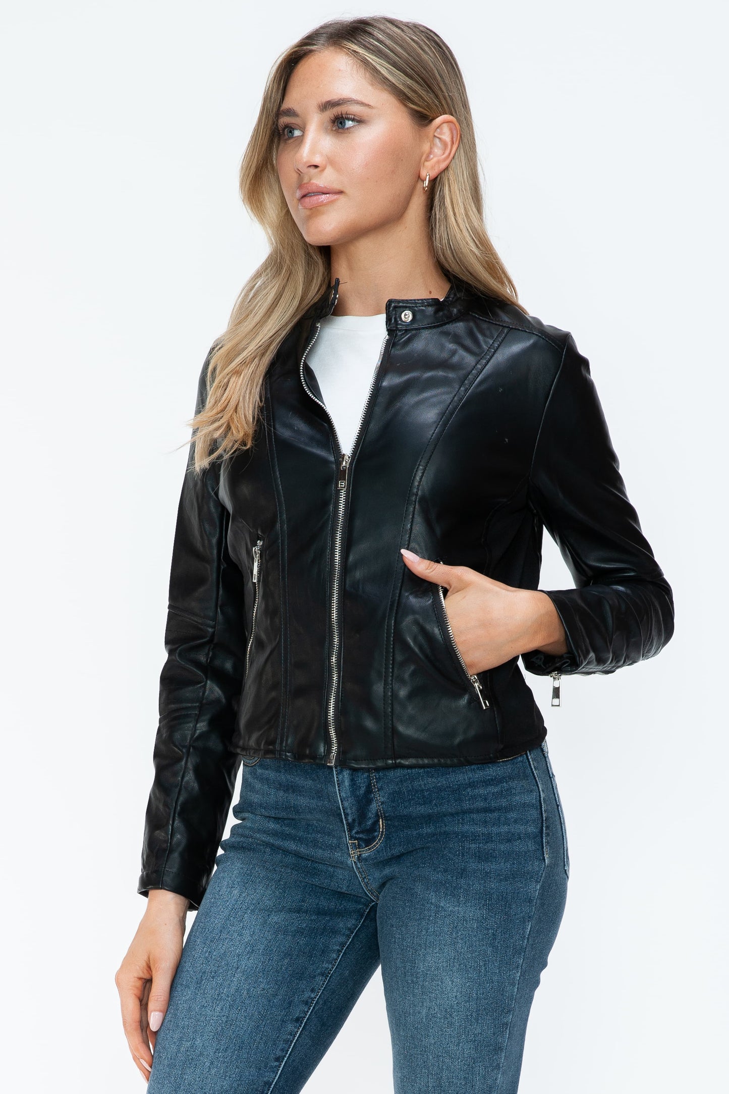 Snobbish Faux Leather Zip Up Jacket with Pockets