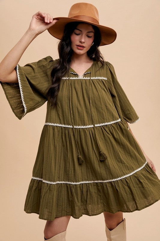 Annie Wear Tassel Contrast Trim Tie Neck Half Sleeve Tiered Dress