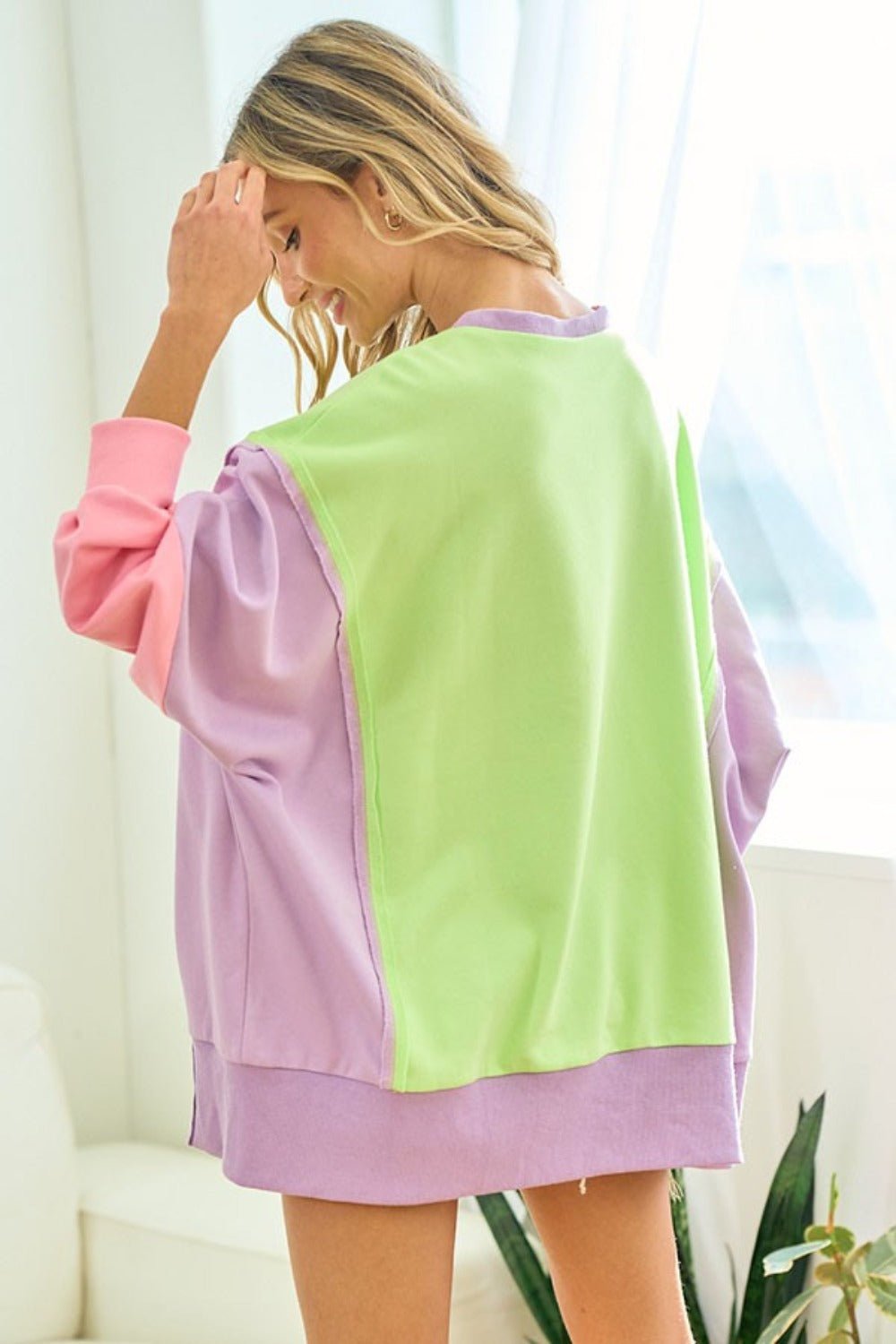 First Love Color Block Long Sleeve Slit Sweatshirt - Sweater - Lime Multi - Bella Bourget