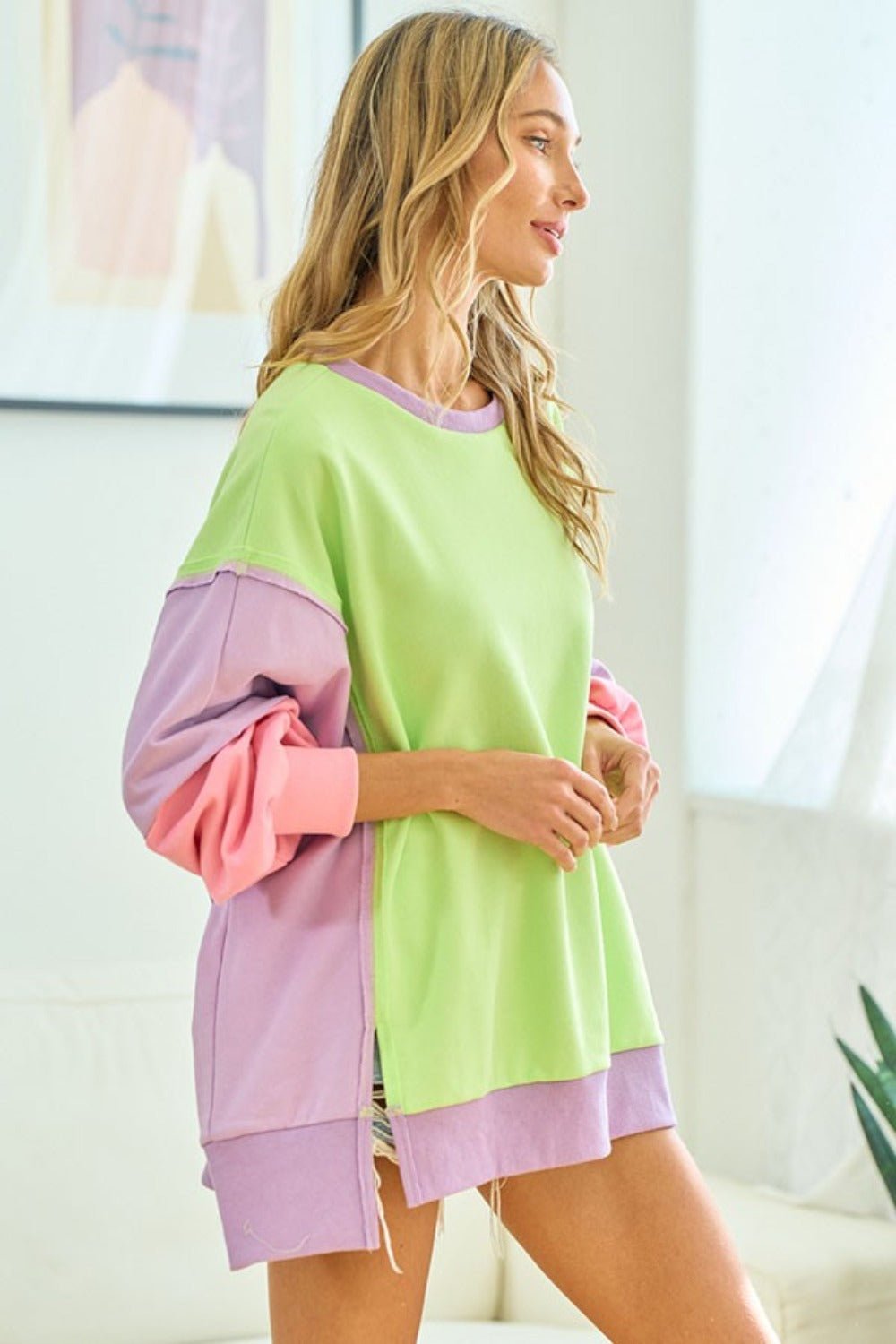 First Love Color Block Long Sleeve Slit Sweatshirt - Sweater - Lime Multi - Bella Bourget