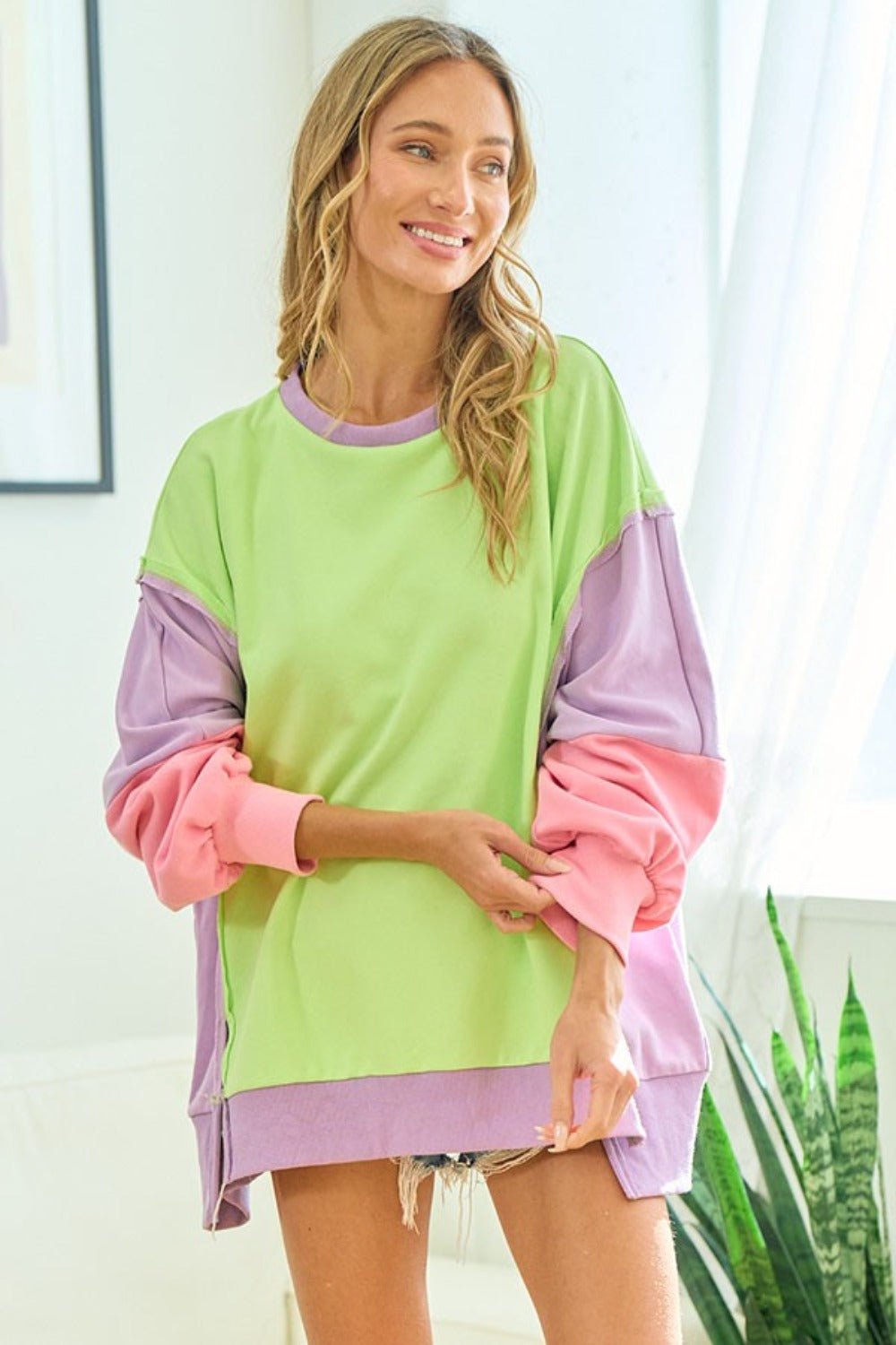 First Love Color Block Long Sleeve Slit Sweatshirt - Sweater - Lime Multi - Bella Bourget