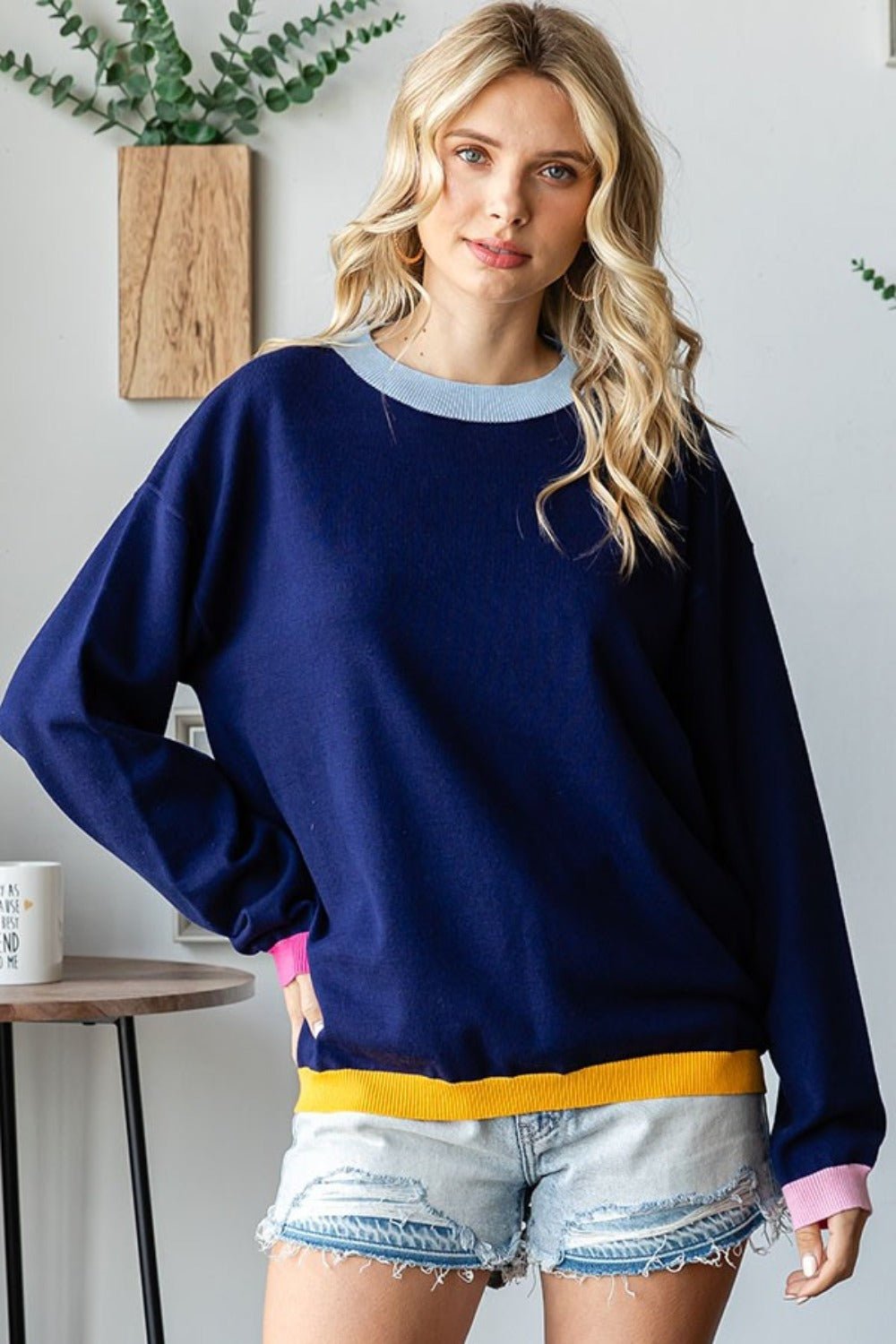 First Love Contrast Ribbed Round Neck Long Sleeve Sweater - Sweater - Navy Multi - Bella Bourget