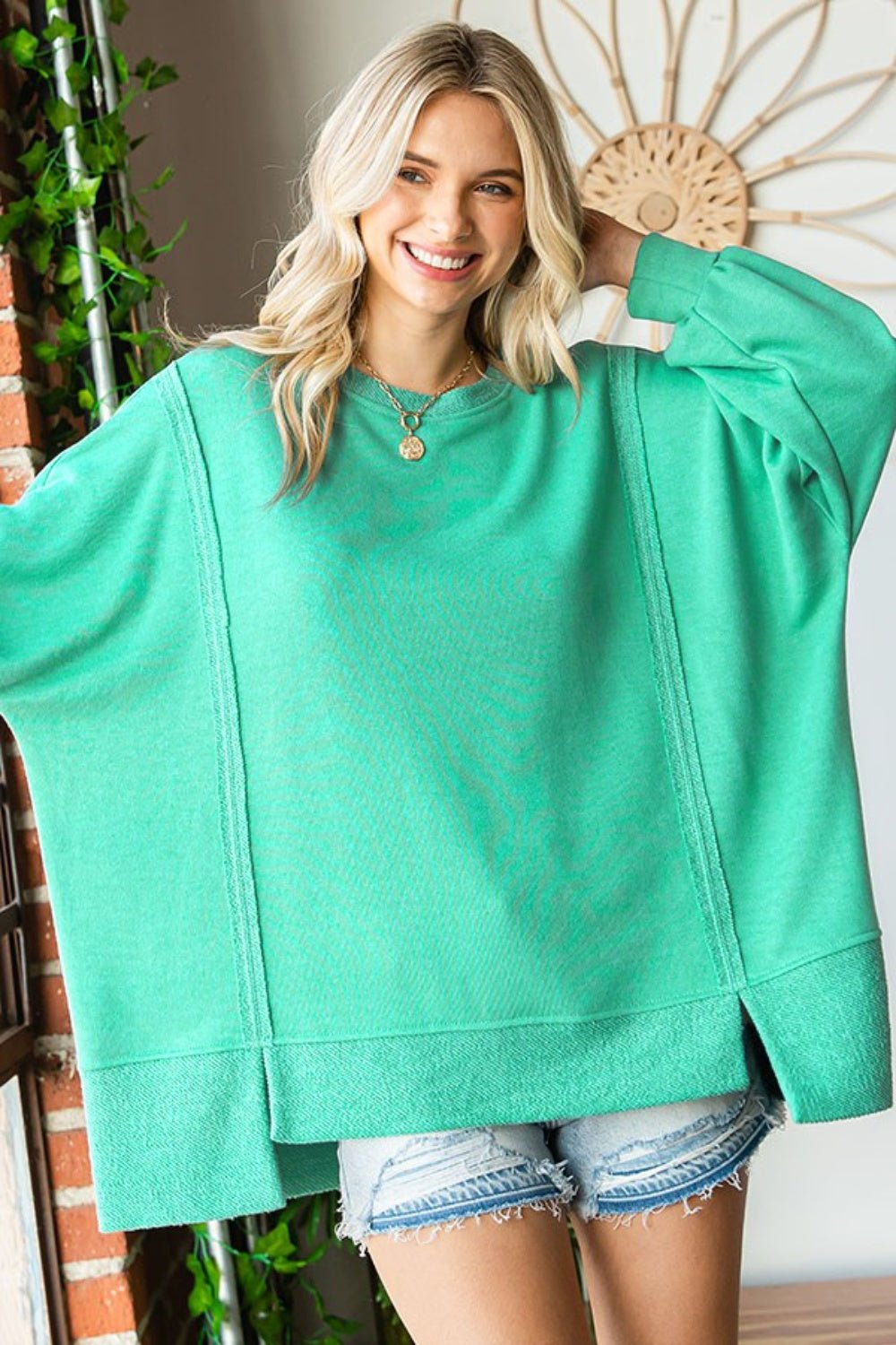 First Love Exposed Seam Round Neck Dropped Shoulder Blouse - Top - MINT - Bella Bourget