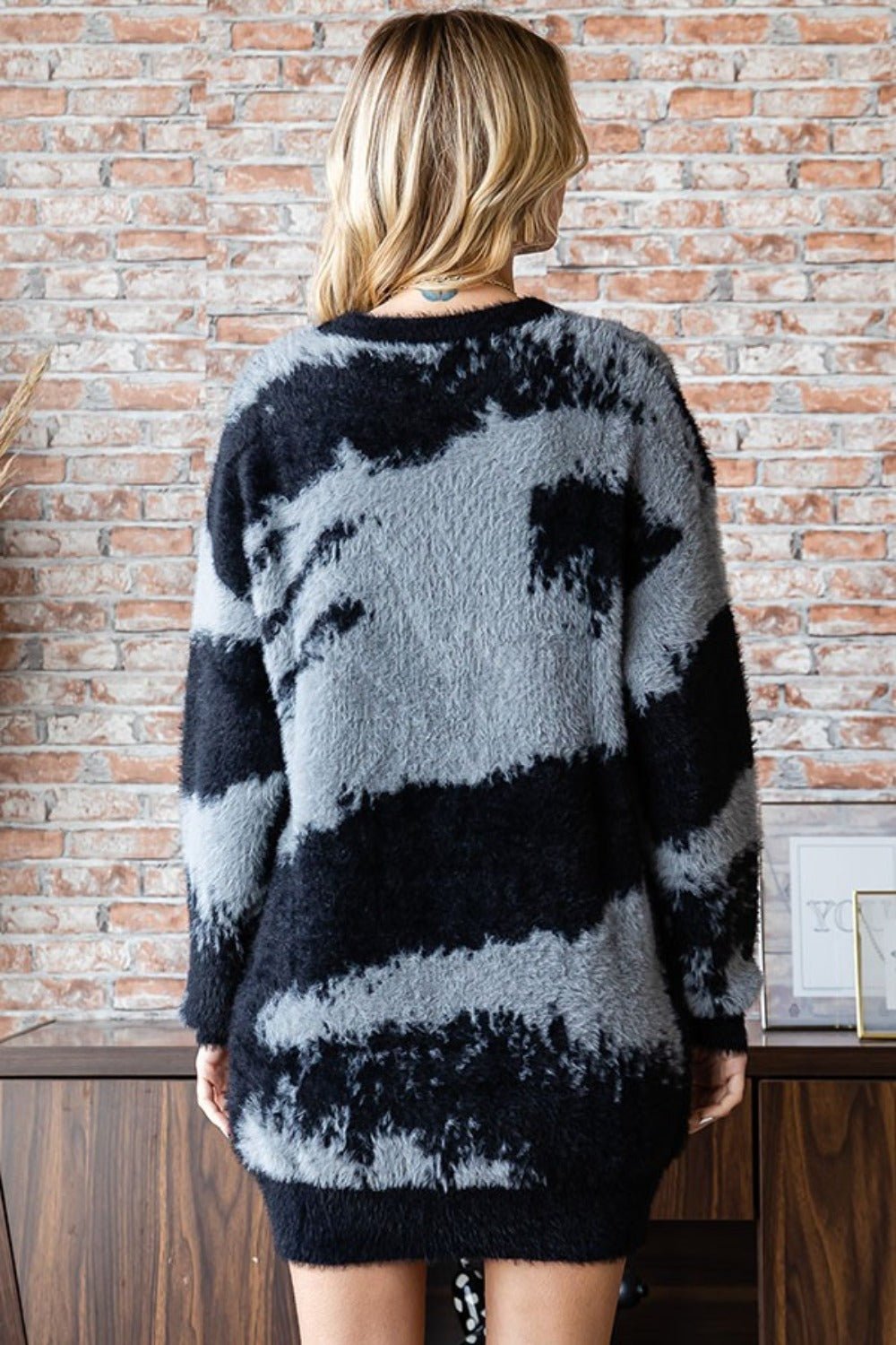 First Love Full Size Abstract Pattern Contrast Feather Yarn Sweater - Sweater - Black Multi - Bella Bourget