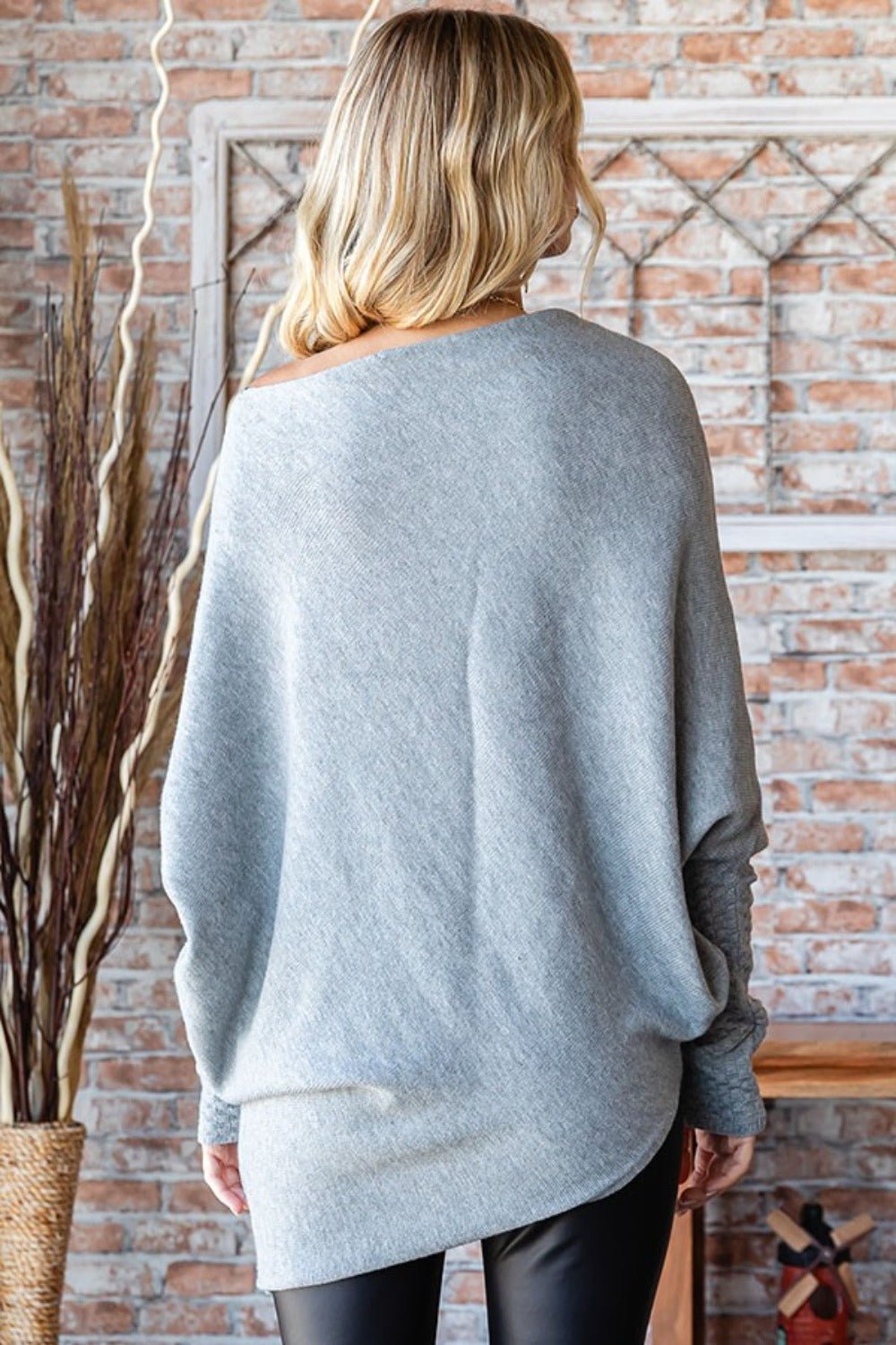 First Love Full Size Asymmetrical Hem Dolman Sleeve Sweater - Sweater - Heather Grey - Bella Bourget