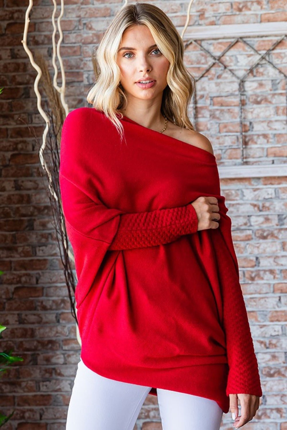 First Love Full Size Asymmetrical Hem Dolman Sleeve Sweater - Sweatshirt - Burgundy - Bella Bourget