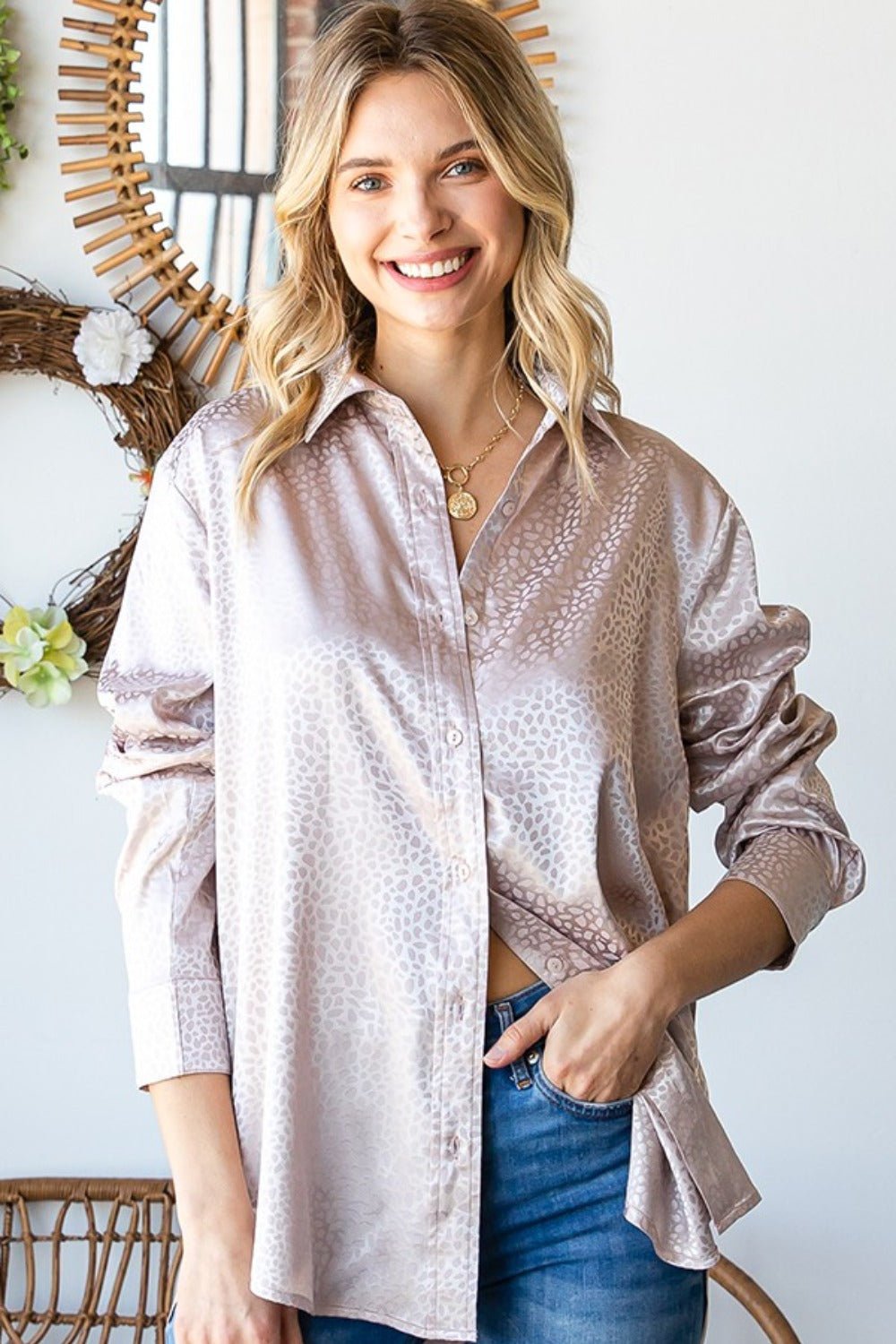 First Love Full Size Ditsy Dot Button Down Collared Satin Shirt - Blouse - Sand - Bella Bourget