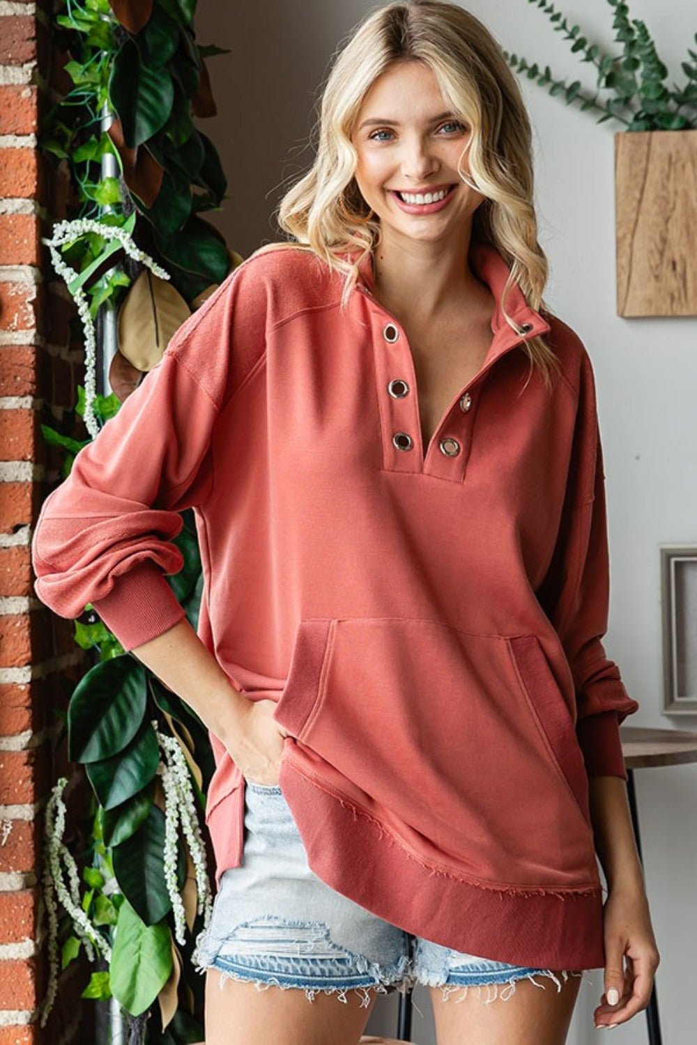 First Love Grommet Split Neck Kangaroo Pocket Sweatshirt - Sweatshirt - Marsala - Bella Bourget