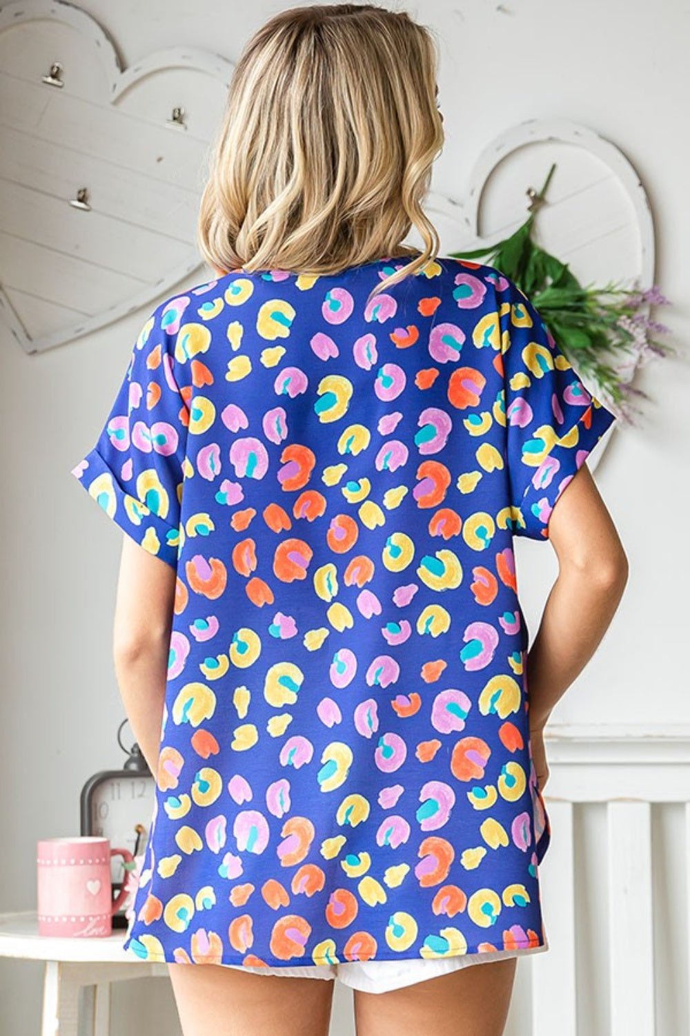 First Love Printed V - Neck Short Sleeve Blouse - Top - BLUEMULTI - Bella Bourget