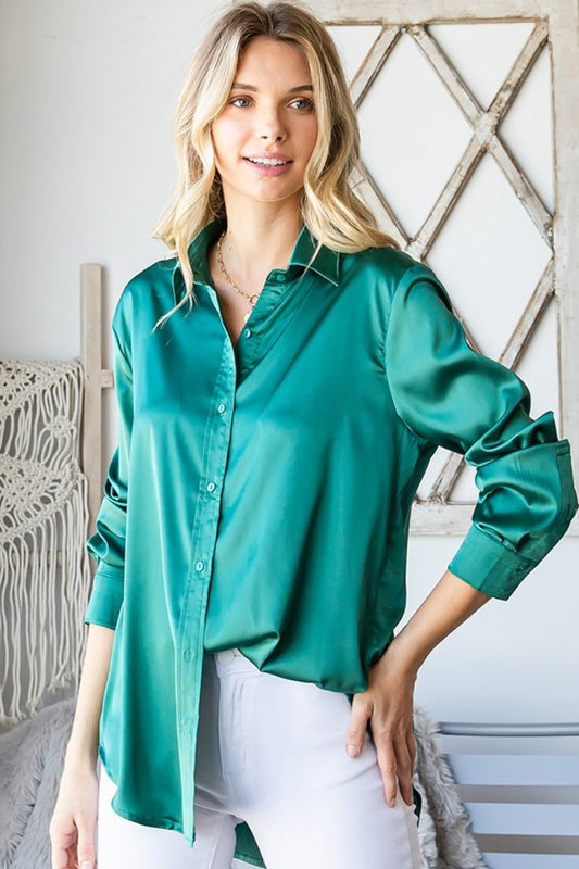 First Love Satin Long Sleeve Button Down Shirt - Top - Hunter Green - Bella Bourget