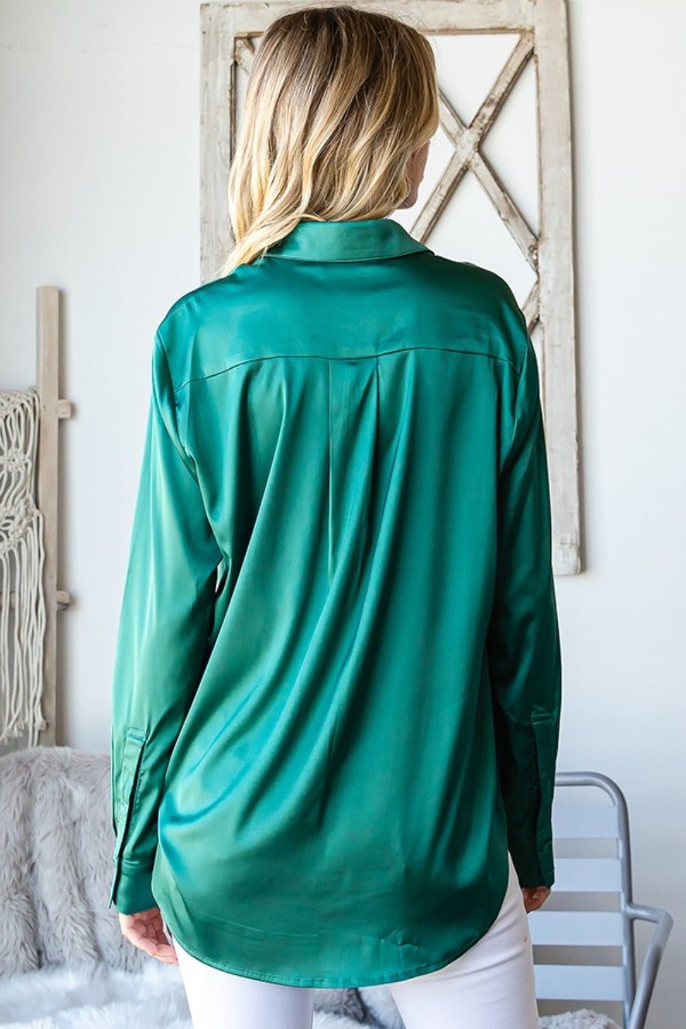 First Love Satin Long Sleeve Button Down Shirt - Top - Hunter Green - Bella Bourget