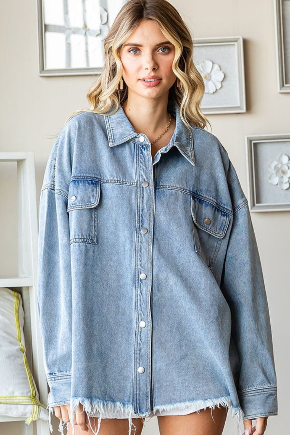 First Love Smile Face Button Down Raw Hem Denim Jacket - Jacket - Denim - Bella Bourget