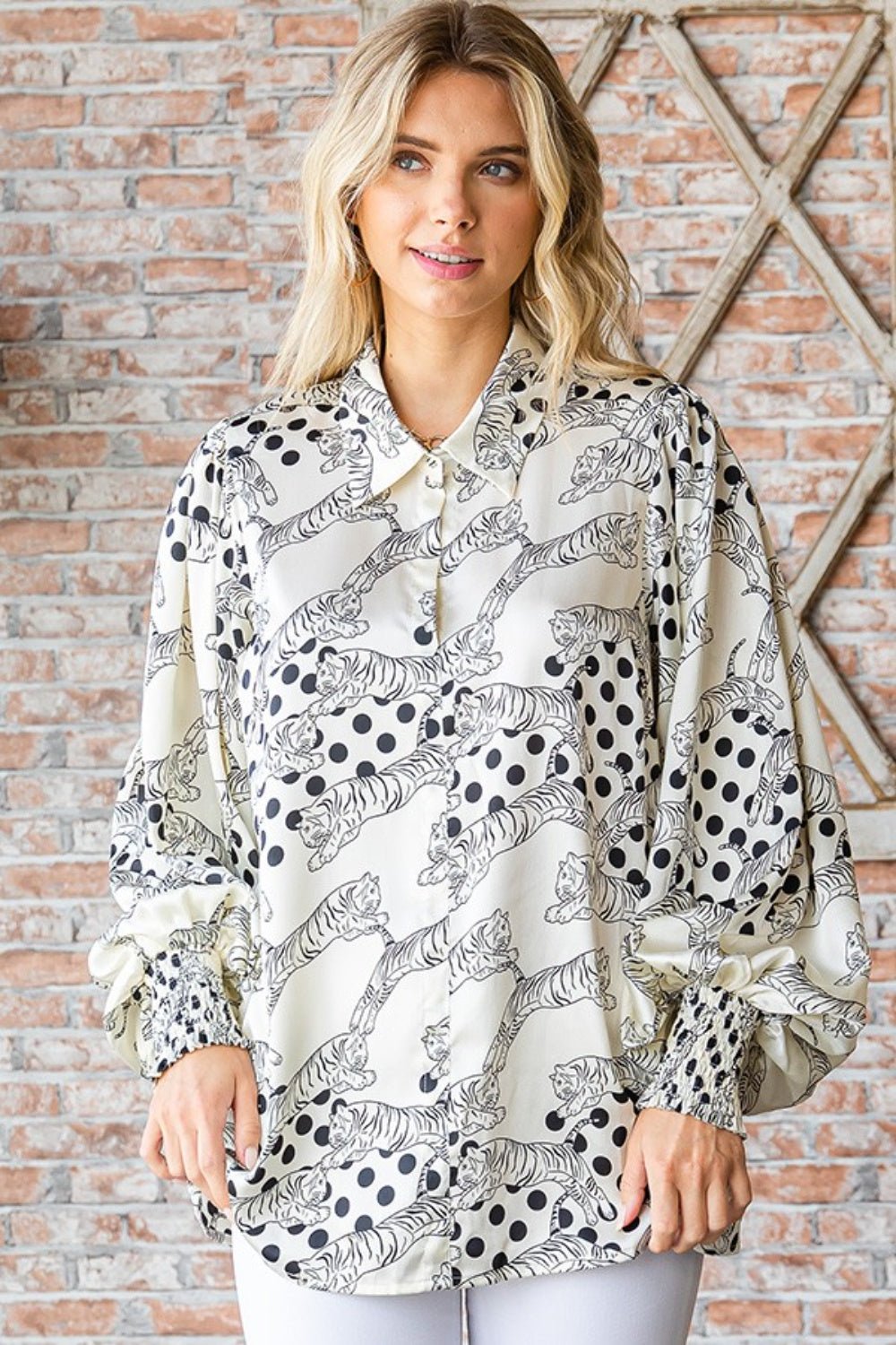 First Love Tiger Print Collared Neck Long Sleeve Satin Shirt - Top - IVORY - Bella Bourget