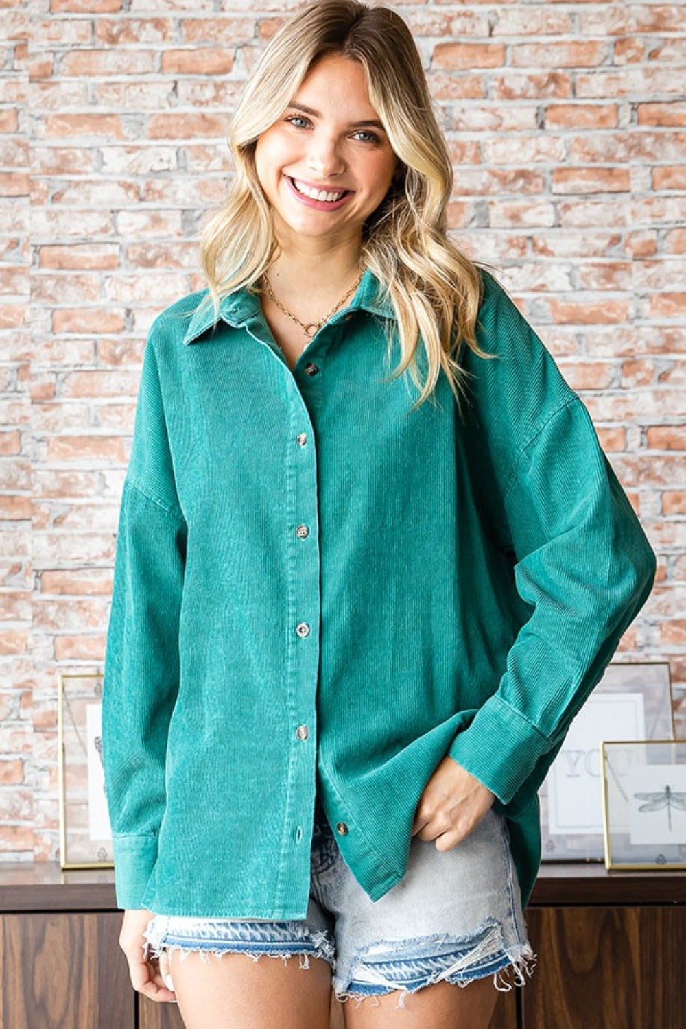 First Love Washed Corduroy Button Down Long Sleeve Shirt - Blouse - Green - Bella Bourget