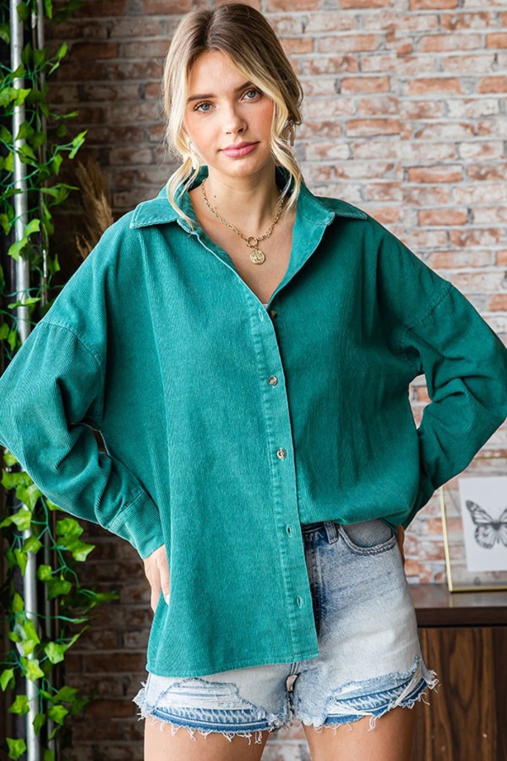 First Love Washed Corduroy Button Down Long Sleeve Shirt - Blouse - Green - Bella Bourget