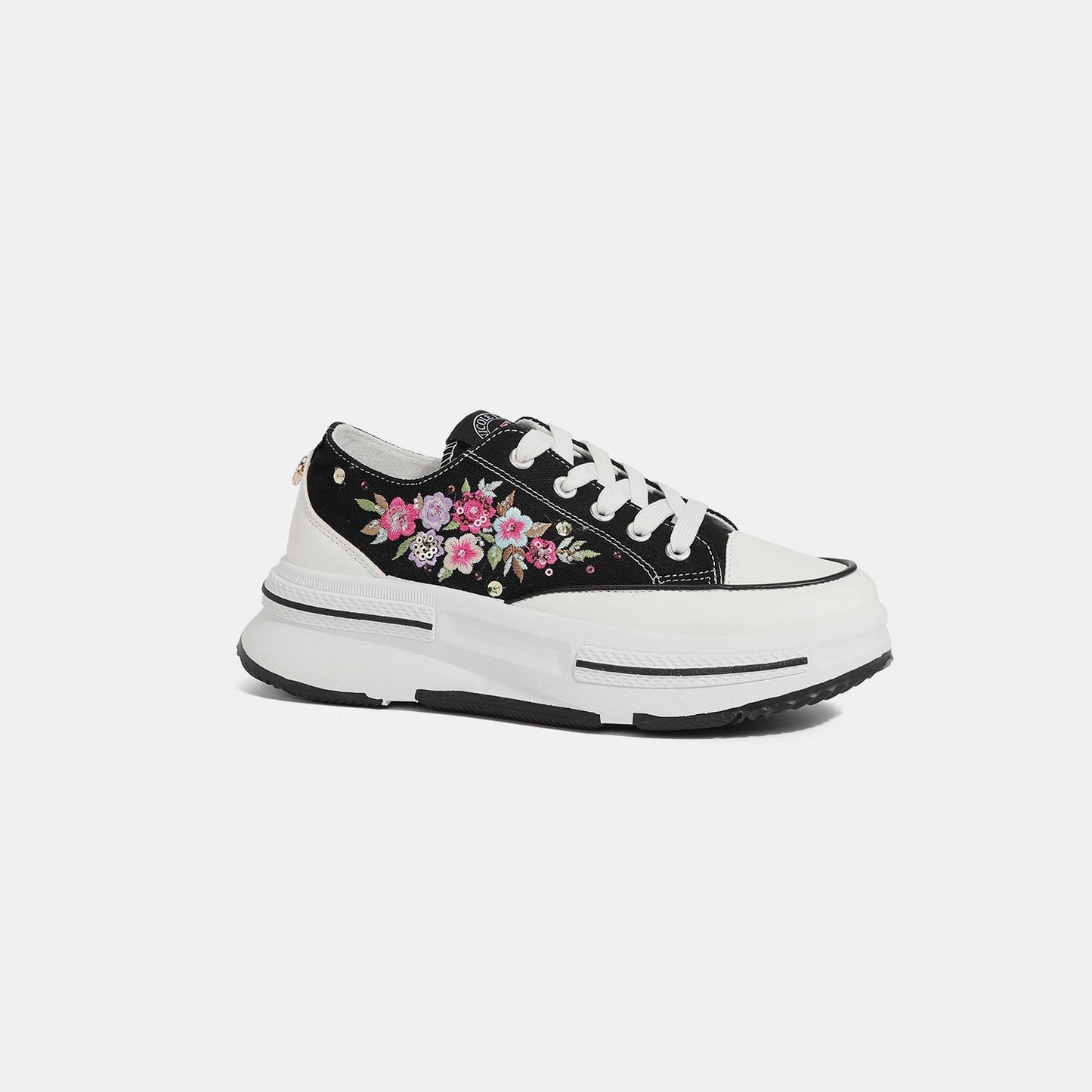 Floral Embroidery Detail Platform Lace - Up Sneakers by Nicole Lee USA - Shoes - Black - Bella Bourget