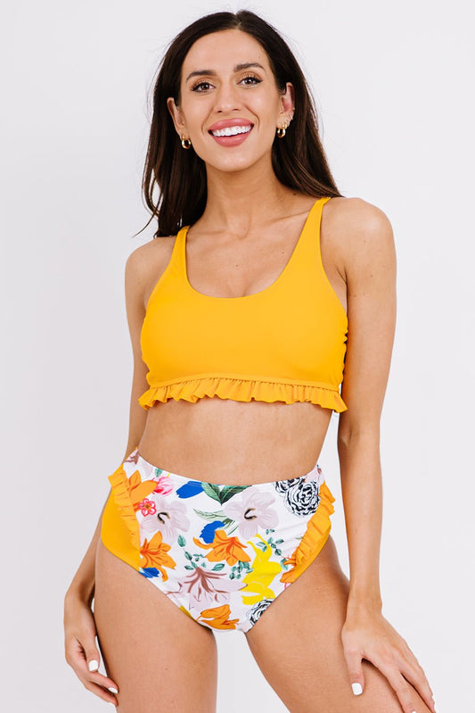 Floral Frill Trim Two - Piece Swimsuit - Two - Piece Swimsuit - Mustard - Bella Bourget