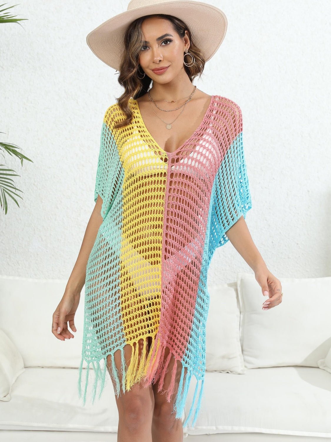 Fringe Color Block Scoop Neck Cover Up - Cover Up - Light Mauve - Bella Bourget