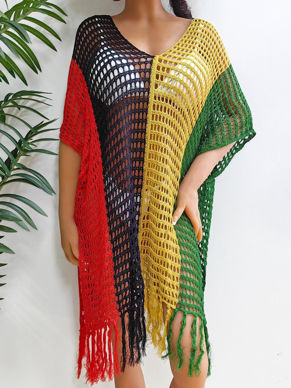 Fringe Color Block Scoop Neck Cover Up - Cover Up - Mid Green - Bella Bourget