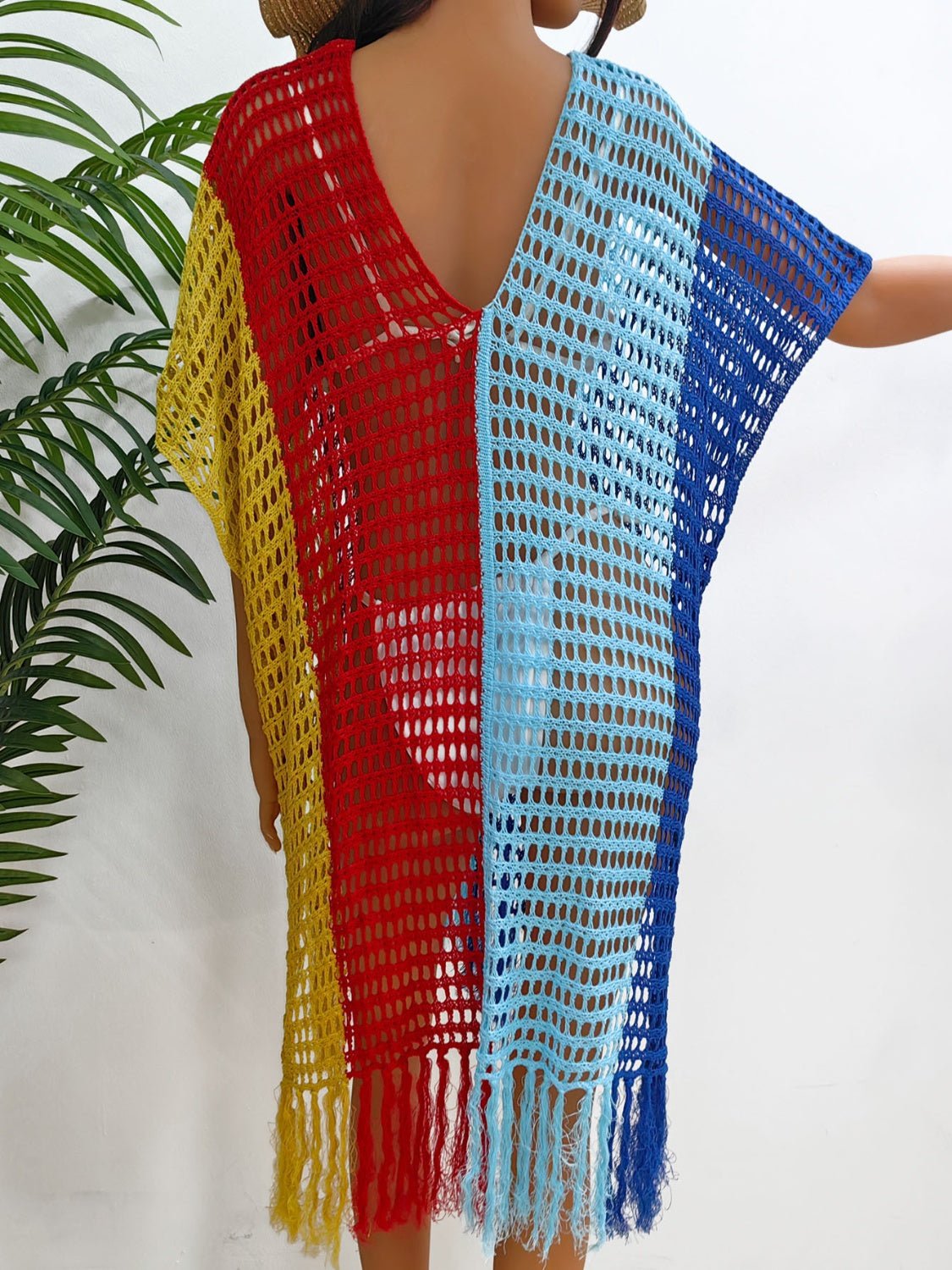 Fringe Color Block Scoop Neck Cover Up - Cover Up - Royal Blue - Bella Bourget