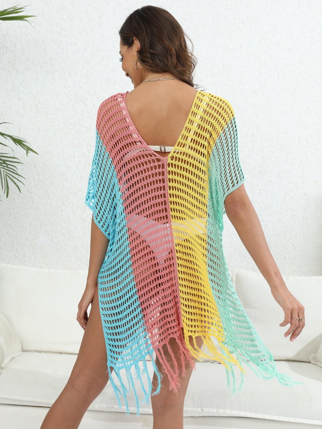 Fringe Color Block Scoop Neck Cover Up - Cover Up - Light Mauve - Bella Bourget