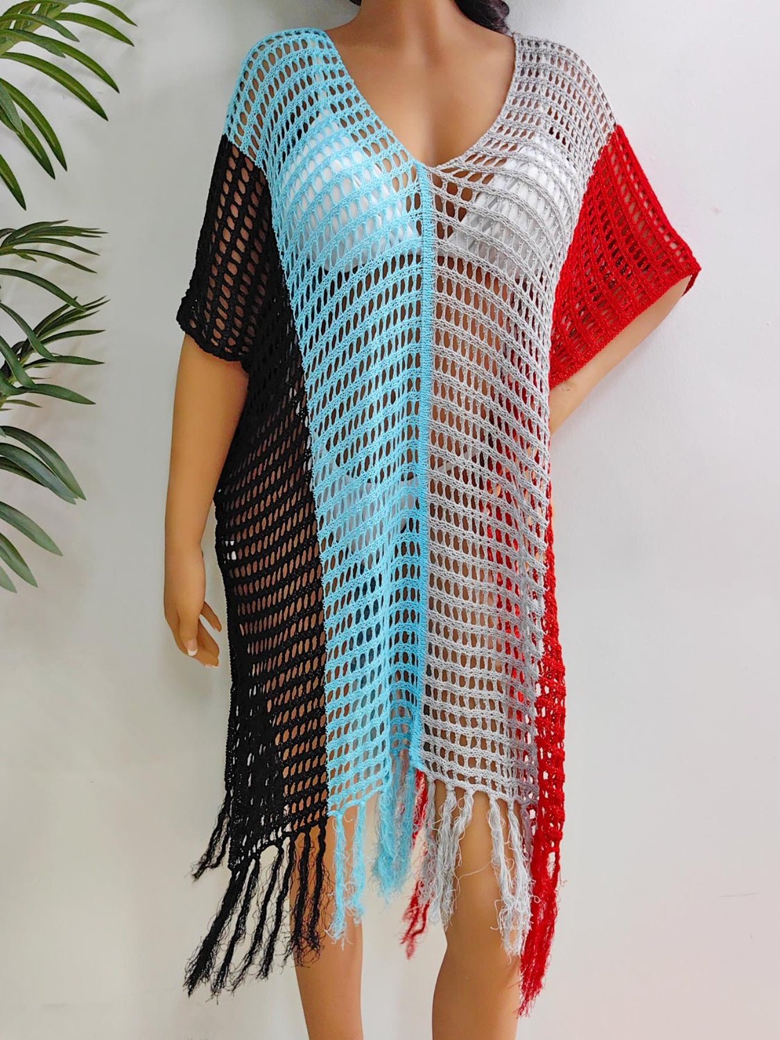 Fringe Color Block Scoop Neck Cover Up - Cover Up - Black - Bella Bourget