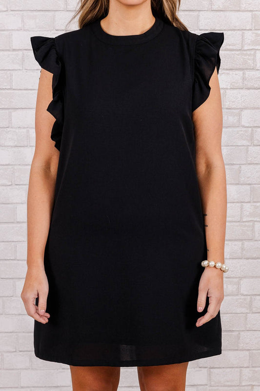Full Size Ruffled Round Neck Cap Sleeve Mini Dress - Black - Bella Bourget