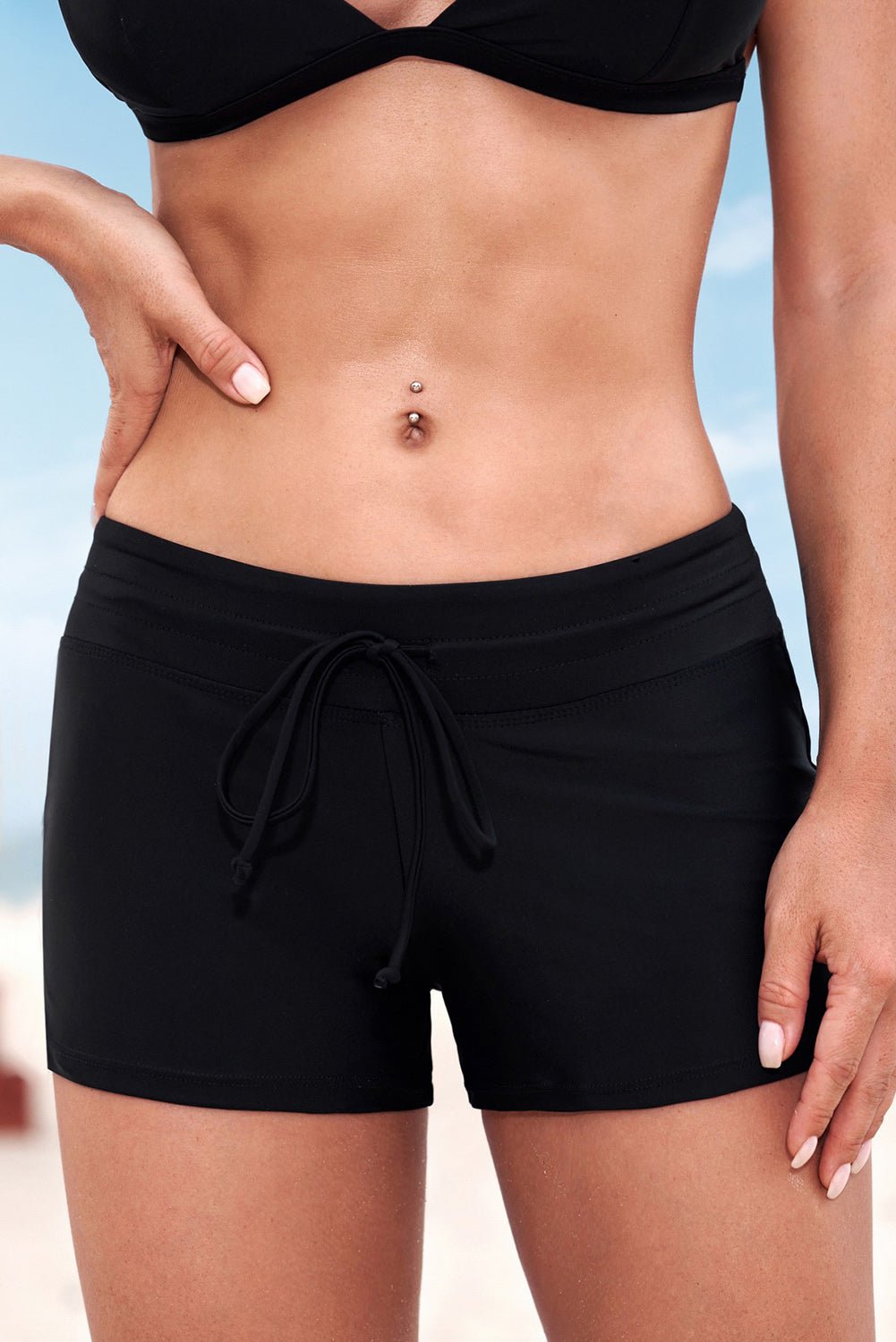 Full Size Run Contrast Drawstring Swim Bottoms - Swim Bottoms - Black - Bella Bourget