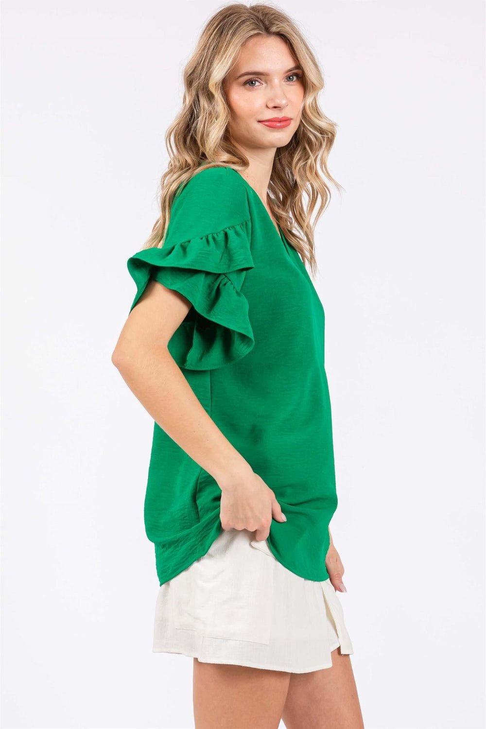 GeeGee Ruffled Short Sleeve V - Neck Blouse - Top - KELLY GREEN - Bella Bourget