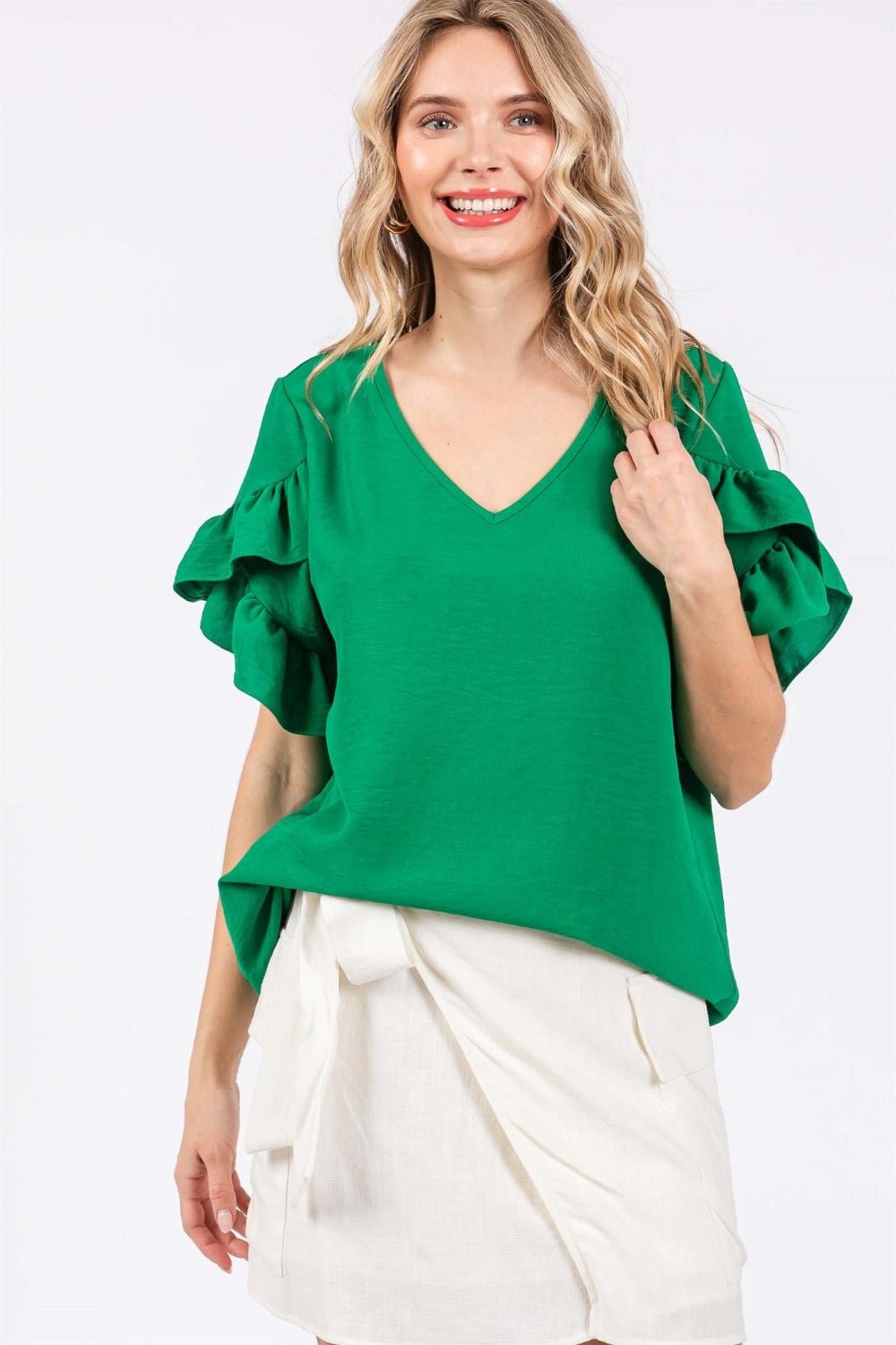 GeeGee Ruffled Short Sleeve V - Neck Blouse - Top - KELLY GREEN - Bella Bourget