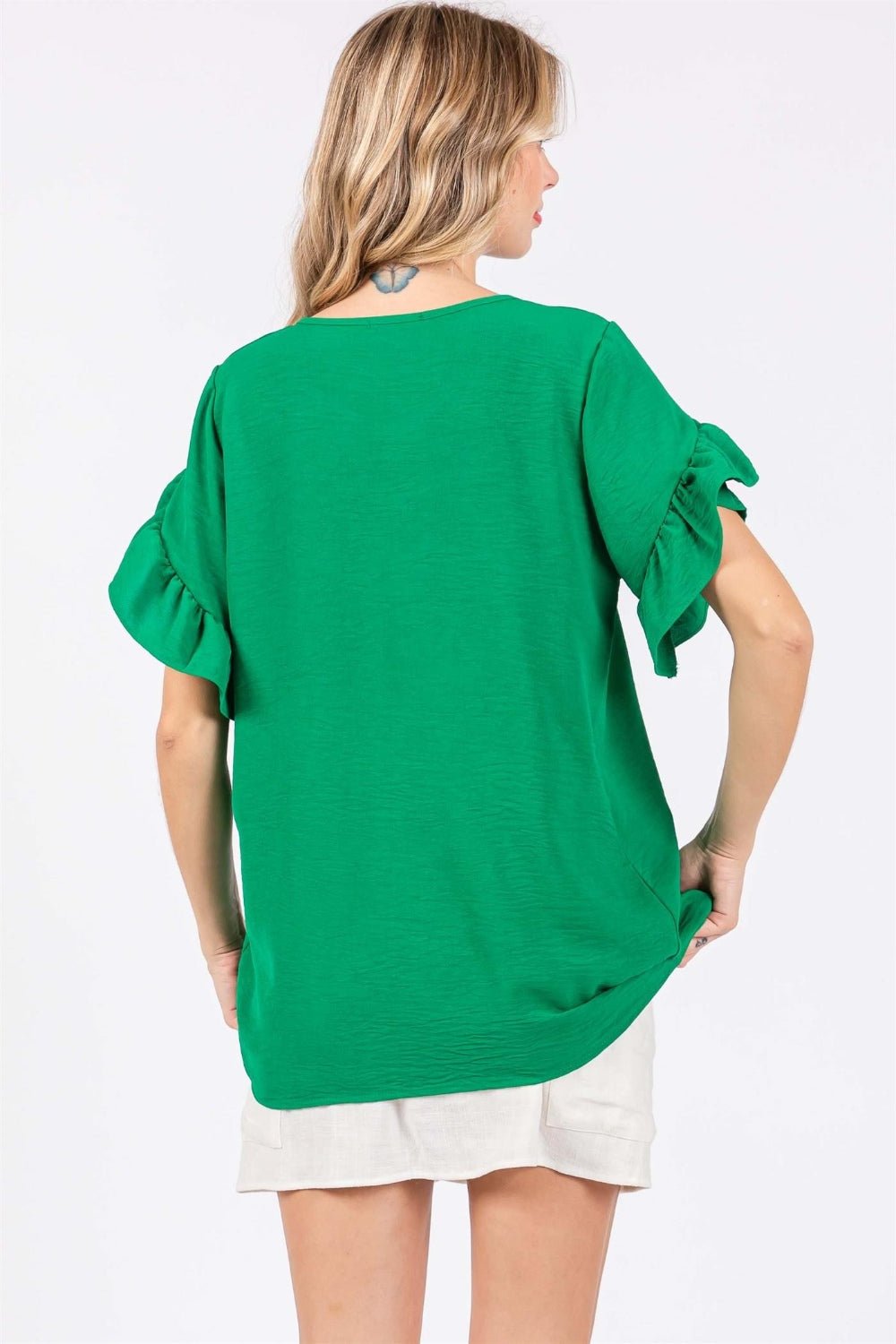 GeeGee Ruffled Short Sleeve V - Neck Blouse - Top - KELLY GREEN - Bella Bourget