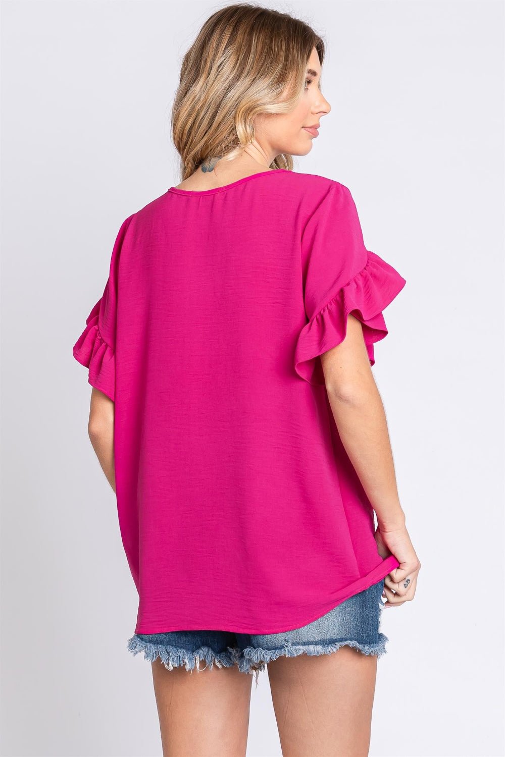 GeeGee V - Neck Ruffle Trim Short Sleeve Blouse - Top - MAGENTA - Bella Bourget