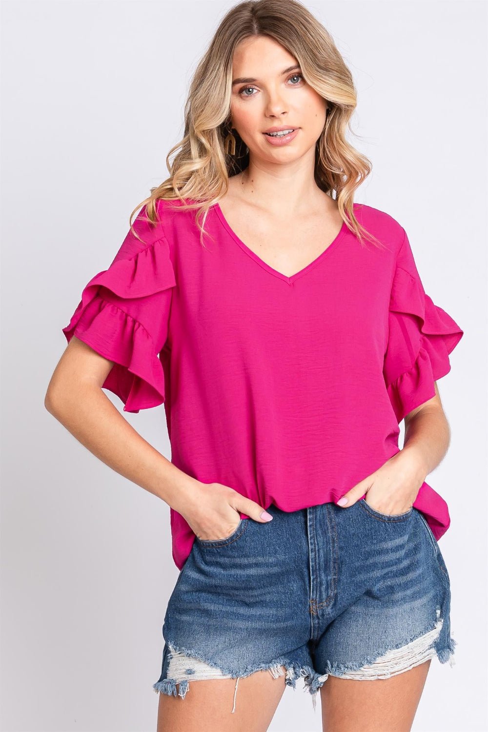 GeeGee V - Neck Ruffle Trim Short Sleeve Blouse - Top - MAGENTA - Bella Bourget