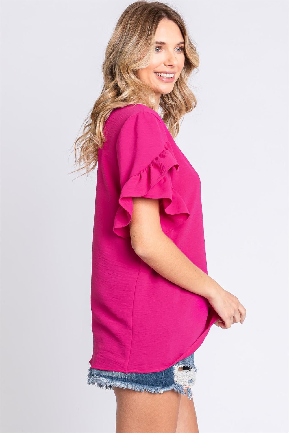 GeeGee V - Neck Ruffle Trim Short Sleeve Blouse - Top - MAGENTA - Bella Bourget