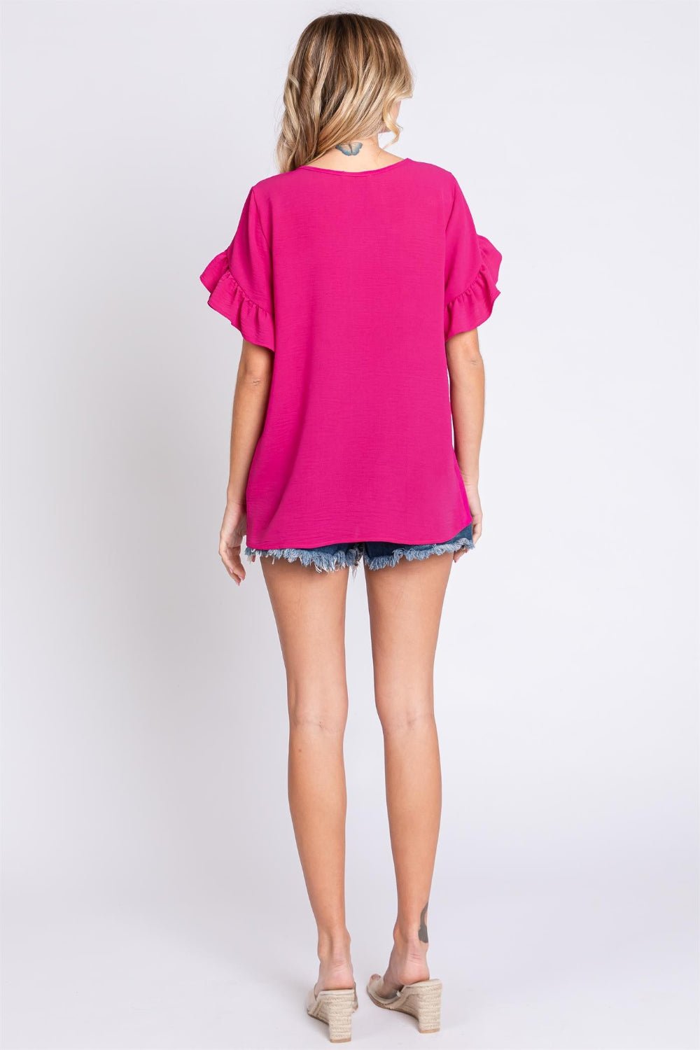 GeeGee V - Neck Ruffle Trim Short Sleeve Blouse - Top - MAGENTA - Bella Bourget