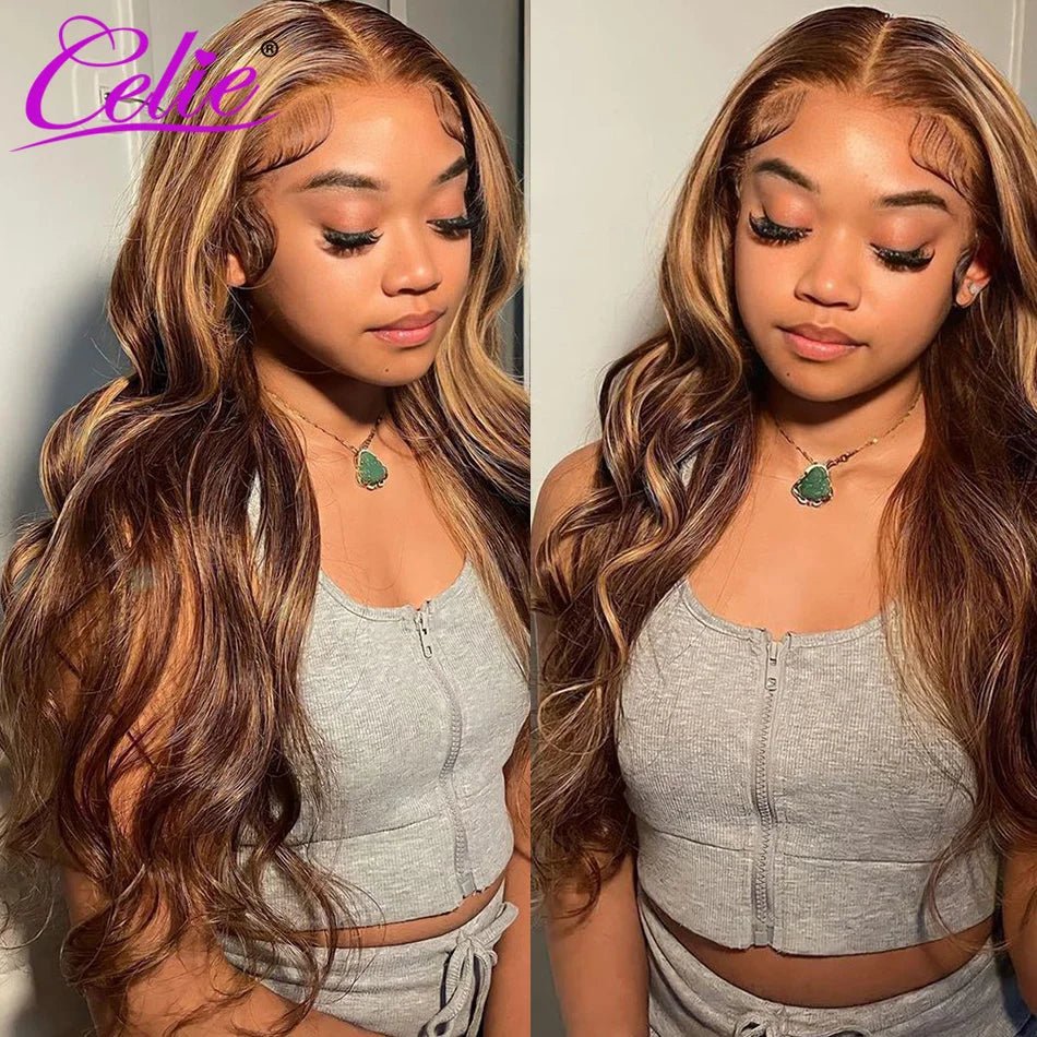 Glueless Highlight Wig Human Hair Body Wave HD Transparent Ombre Colored Human Hair Wigs 4 27 Honey Blonde Lace Front Wig - 13X4 Lace - Bella Bourget