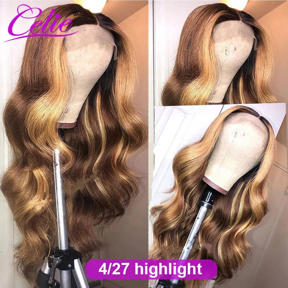 Glueless Highlight Wig Human Hair Body Wave HD Transparent Ombre Colored Human Hair Wigs 4 27 Honey Blonde Lace Front Wig - 13X4 Lace - Bella Bourget