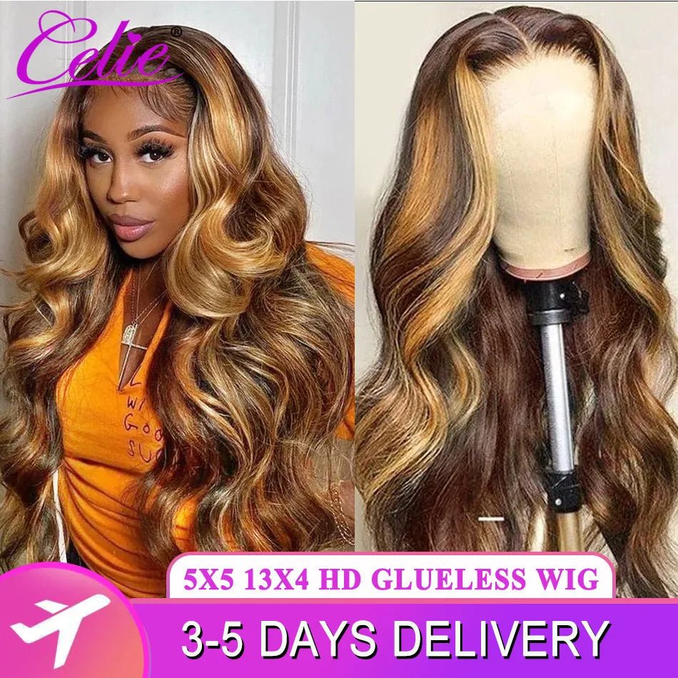 Glueless Highlight Wig Human Hair Body Wave HD Transparent Ombre Colored Human Hair Wigs 4 27 Honey Blonde Lace Front Wig - 13X4 Lace - Bella Bourget