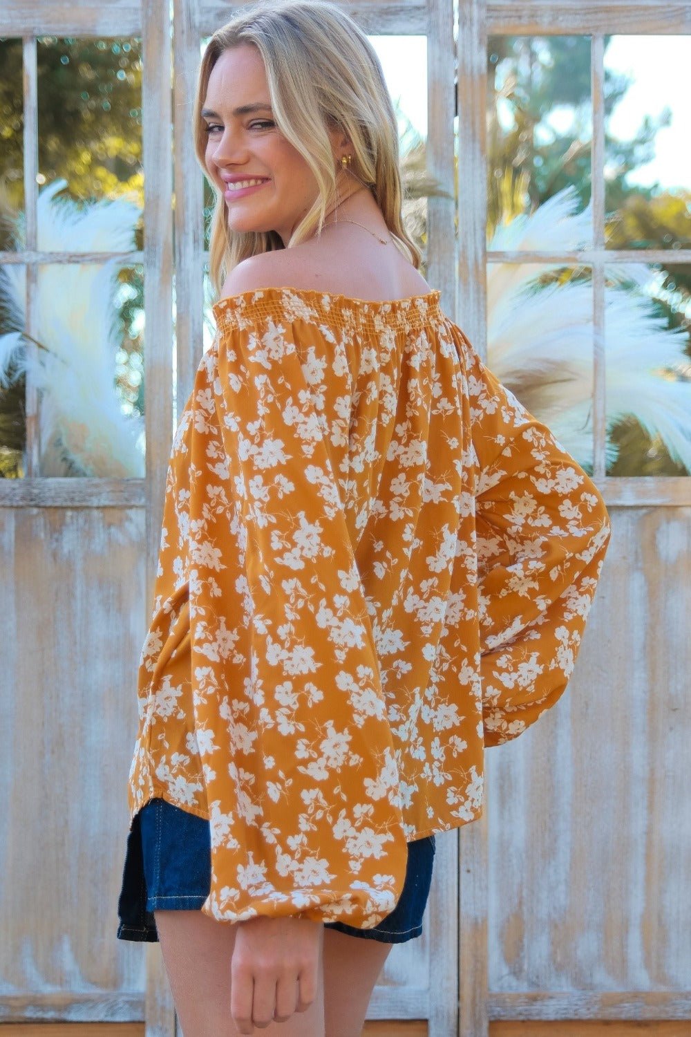 Hailey & Co Floral Off - Shoulder Balloon Sleeve Blouse - Top - Mustard - Bella Bourget