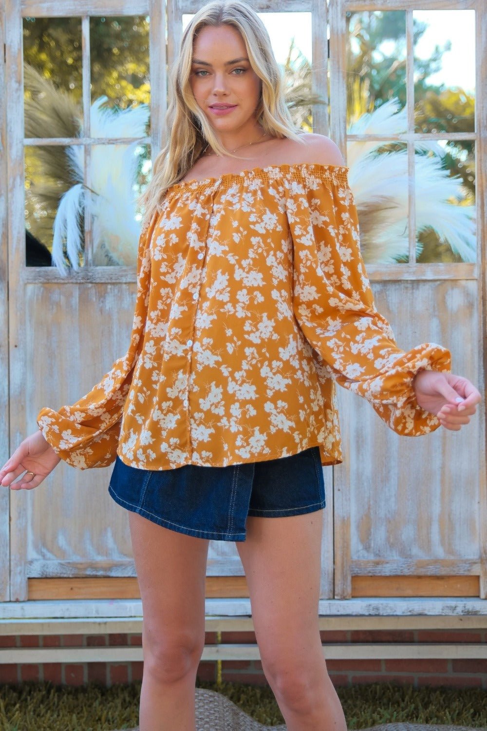 Hailey & Co Floral Off - Shoulder Balloon Sleeve Blouse - Top - Mustard - Bella Bourget